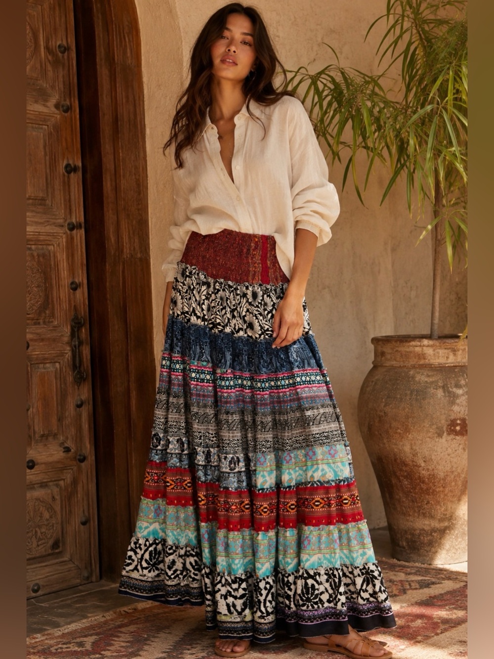 Boho Tiered Maxi Skirt in Multi-Color